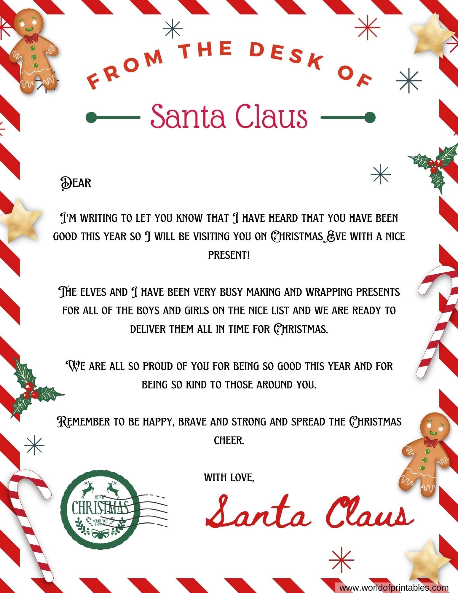 Free Letter From Santa Template Printable Free Letter From Santa Template Printable