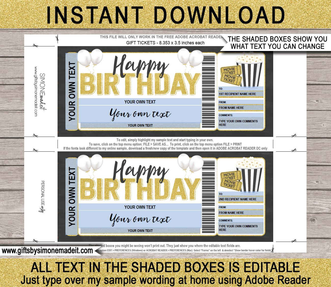 Birthday Movie Ticket Template Printable Gift Voucher Certificate Birthday Movie Ticket Template Printable Gift Voucher Certificate