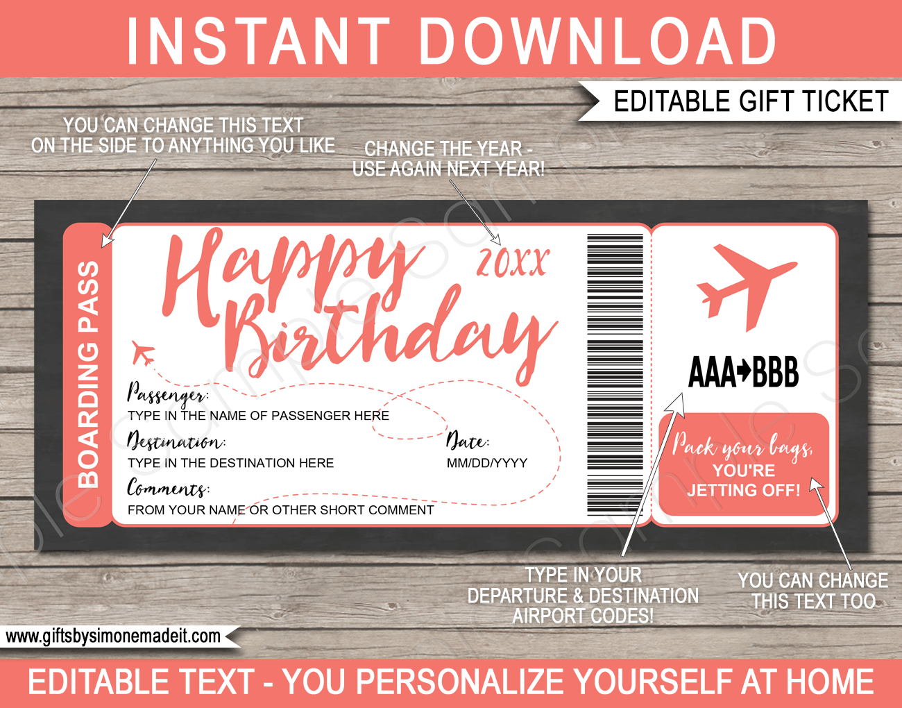 Birthday Surprise Trip Boarding Pass Gift Template Fake Plane Ticket