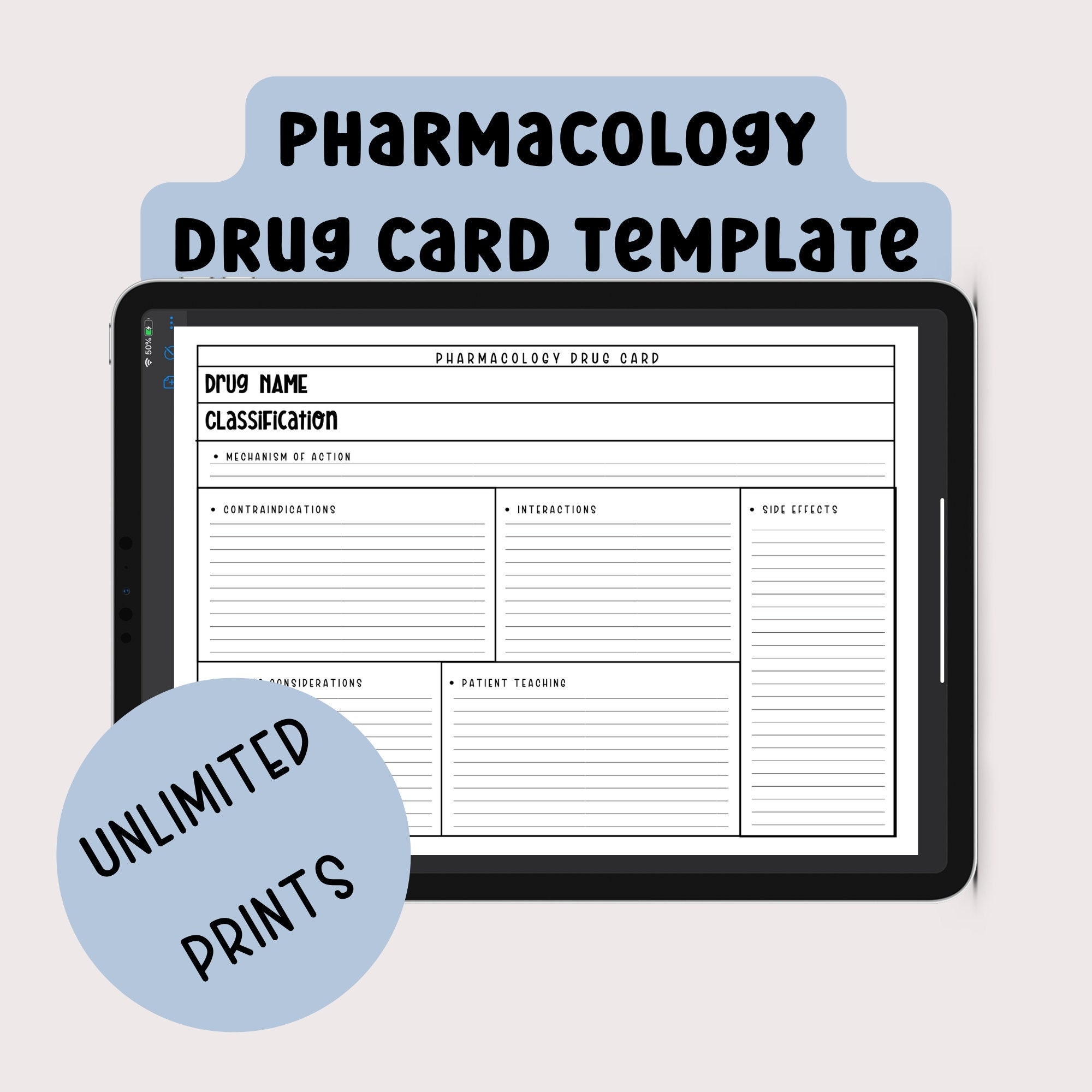 Drug Card Printable Pharmacology Template Nursing School Pharmacy Tech Etsy UK
