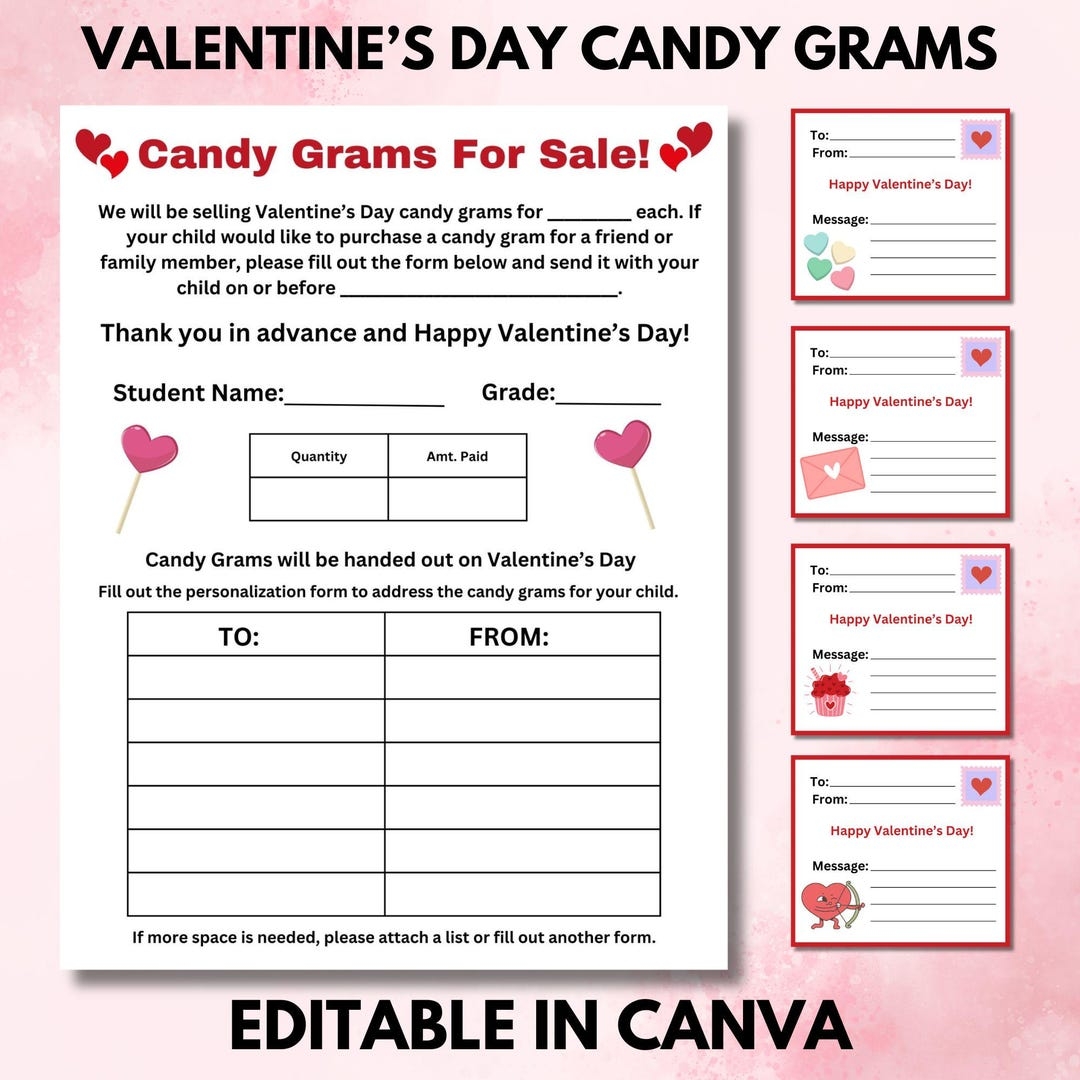 Editable Valentines Day Candy Gram Printable Lollipop Candy Gram For Fundraiser Template For School Church Dance PTA PTO Fundraiser Etsy