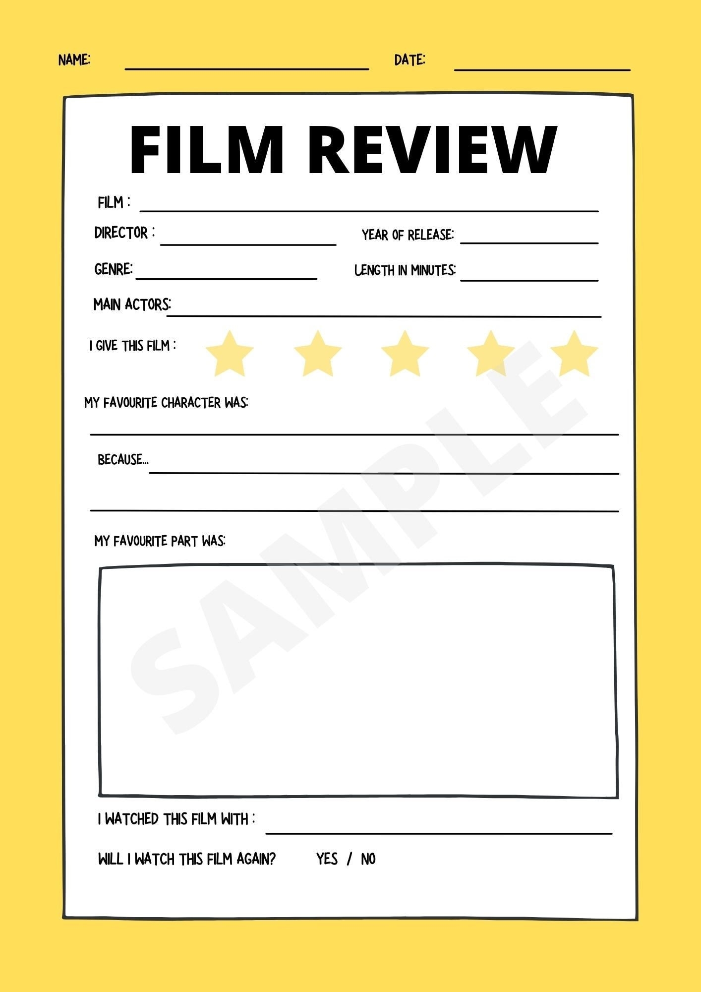 Film Review Worksheet Yellow Children Adult Printable Worksheet Planner Page Etsy