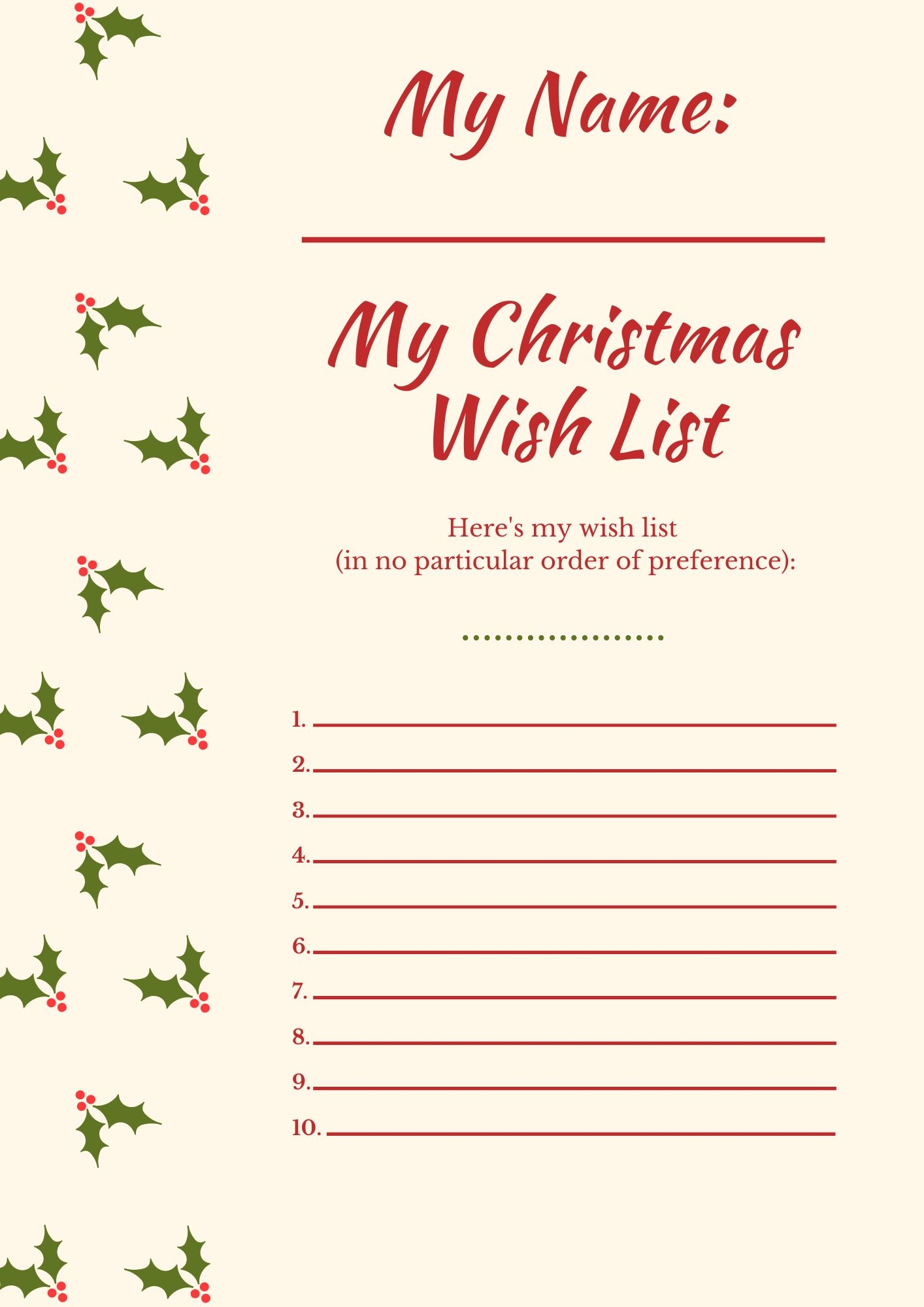 Printable Christmas List Template