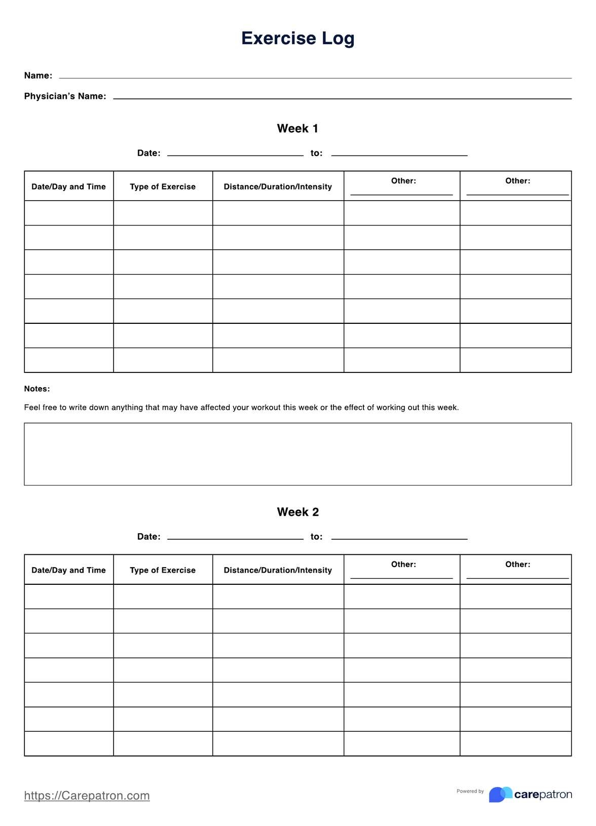 Exercise Log Template Printable