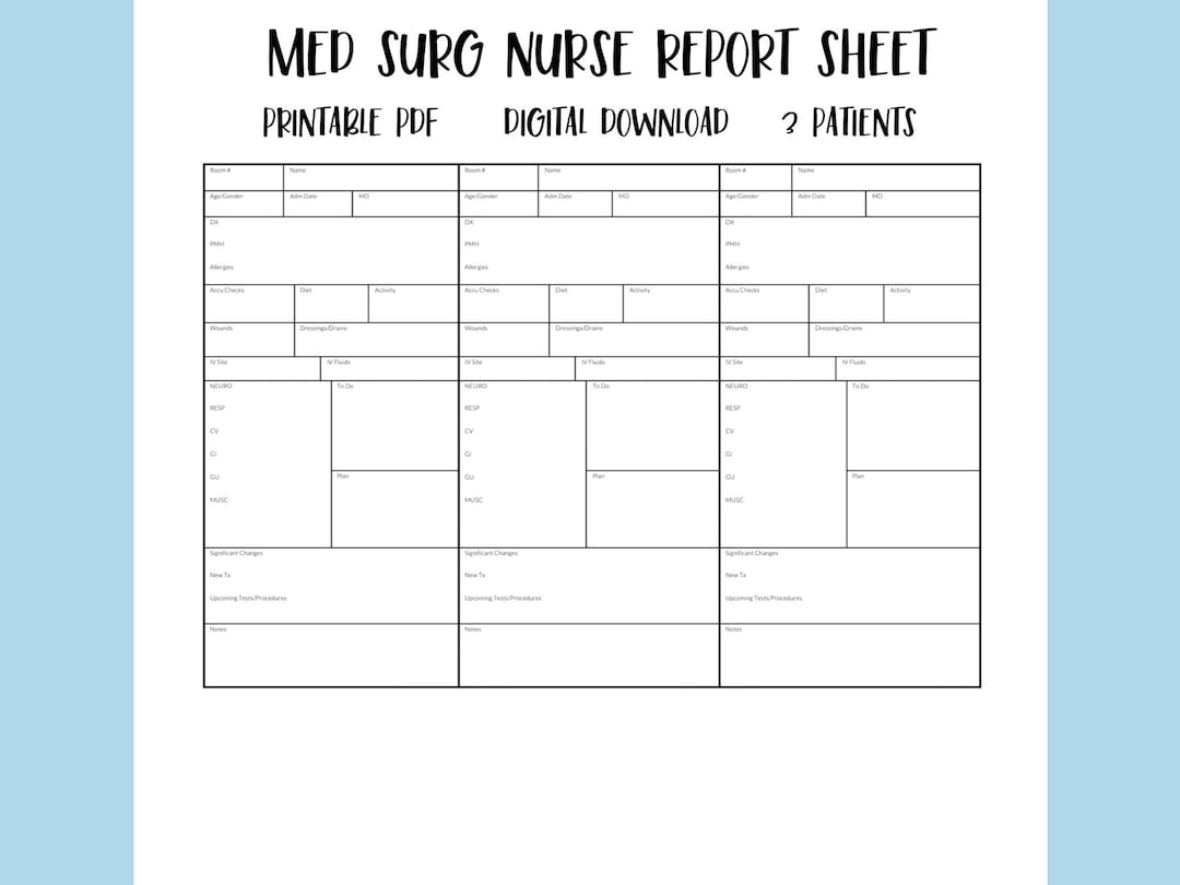 Printable Med Surg Nurse Report Sheet 3 Patient Nurse Brain Sheet Nursing Handoff Template PDF Digital Download Etsy