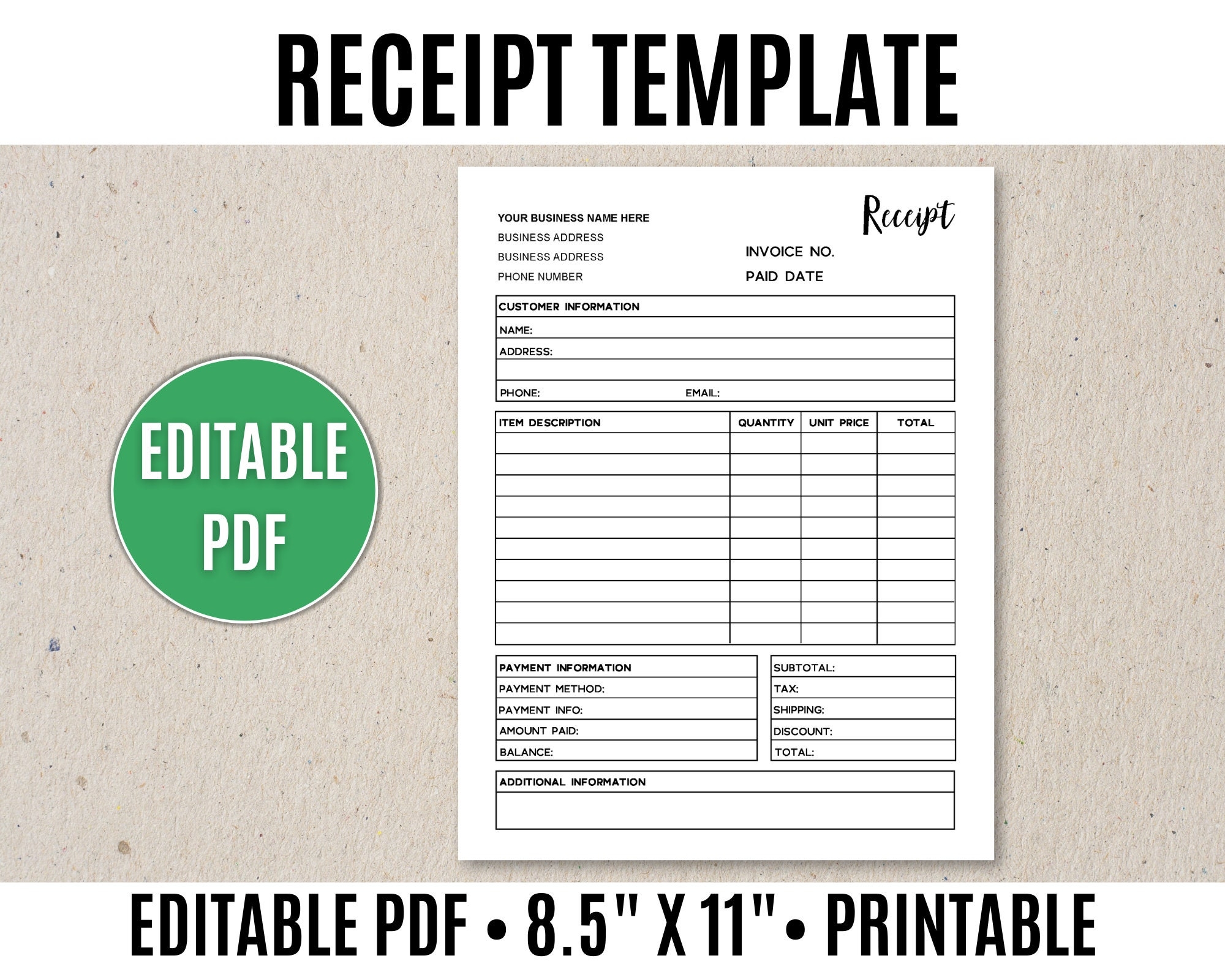 Receipt Template Editable Printable Order Receipt Editable PDF Etsy Ireland