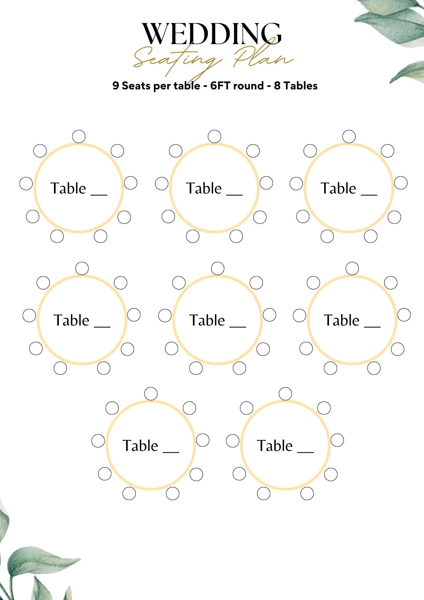 Table Seating Chart Planner For 9 Pax Table Plan Nine Seats Table Planner Seat Chart Organisation Book Printable PDF Event Seating Plan Etsy UK
