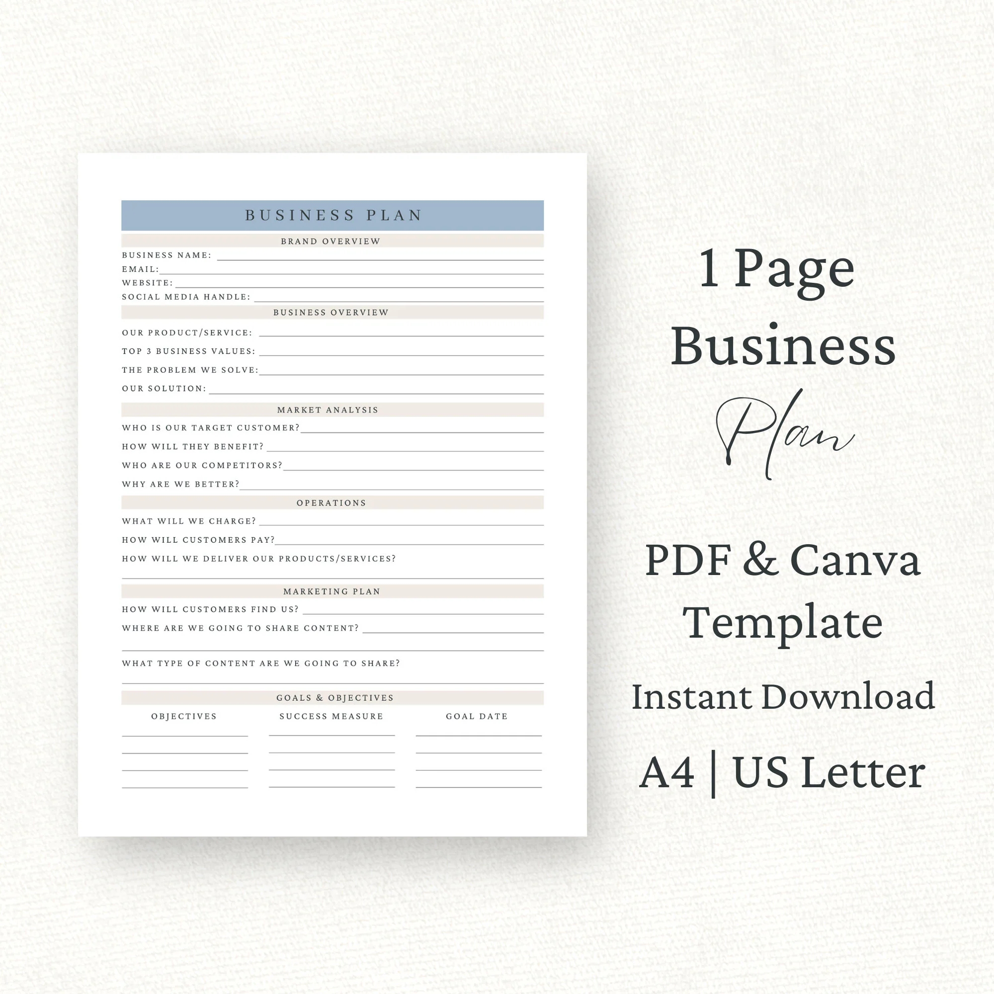 1 Seite Business Plan Vorlage Canva PDF Business Plan Printable Marketingplan Small Business Start up Plan Side Hustle Planner Etsy de