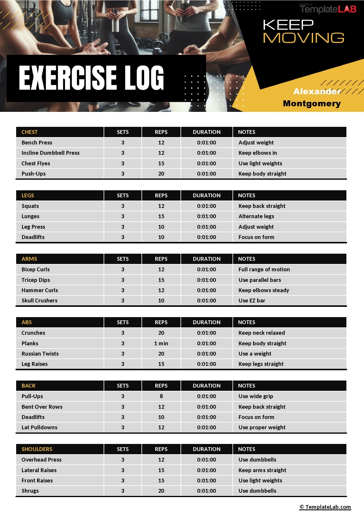 Printable Exercise Log Template