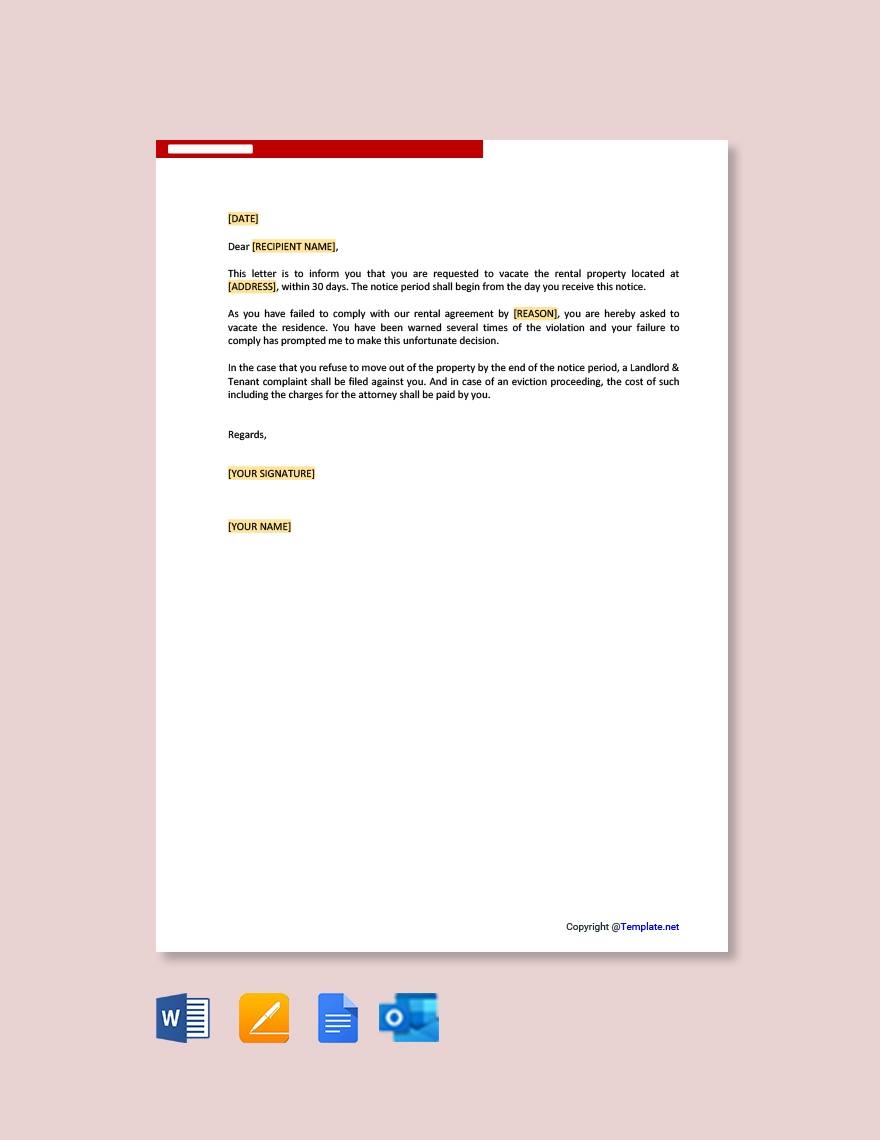 30 Day Notice To Vacate Letter Template In Google Docs Word Pages Outlook PDF Download Template