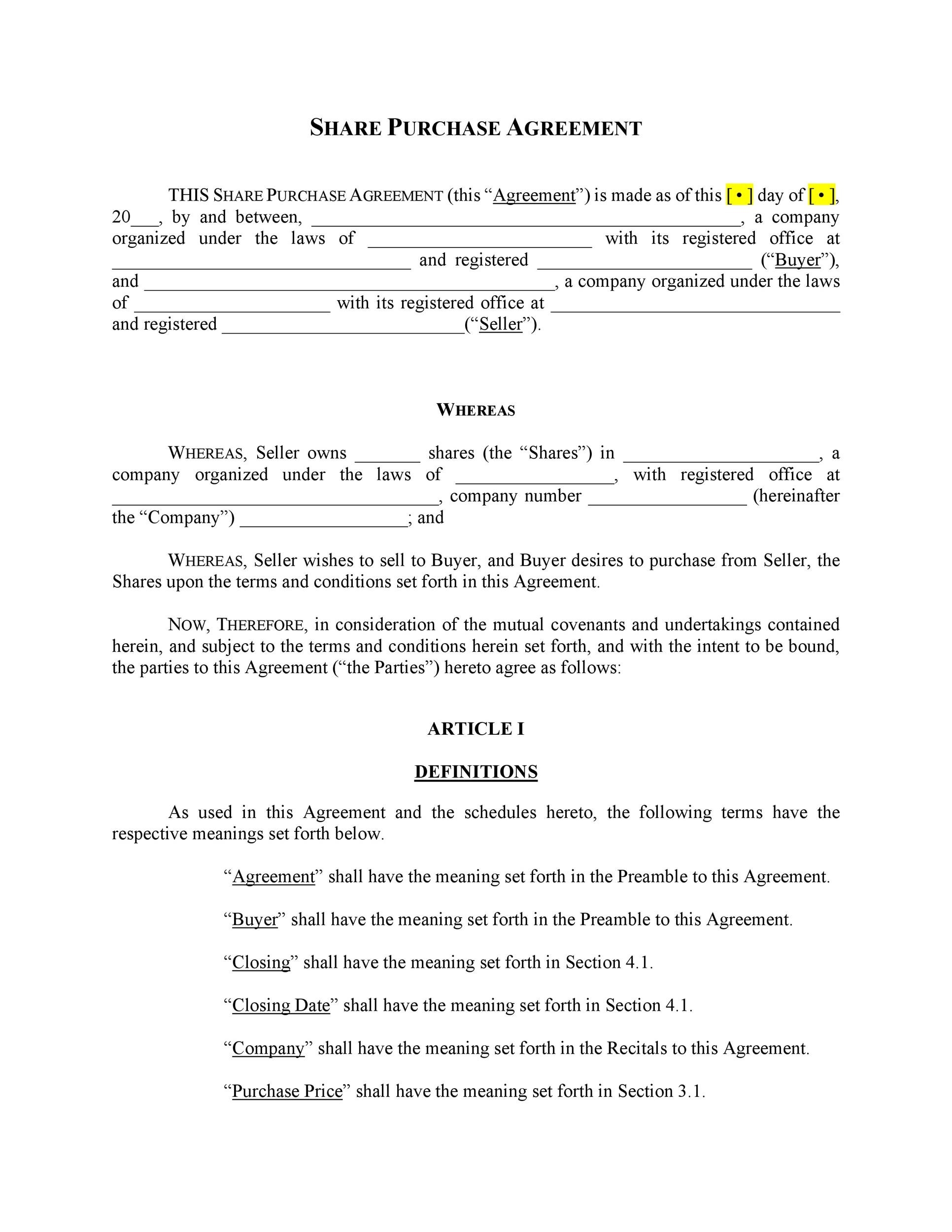 Printable Simple Sales Agreement Template