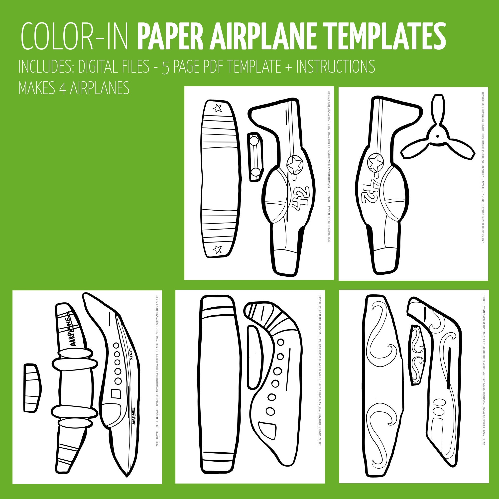 4 Styles Paper Airplanes Coloring Pages Color in Paper Craft 