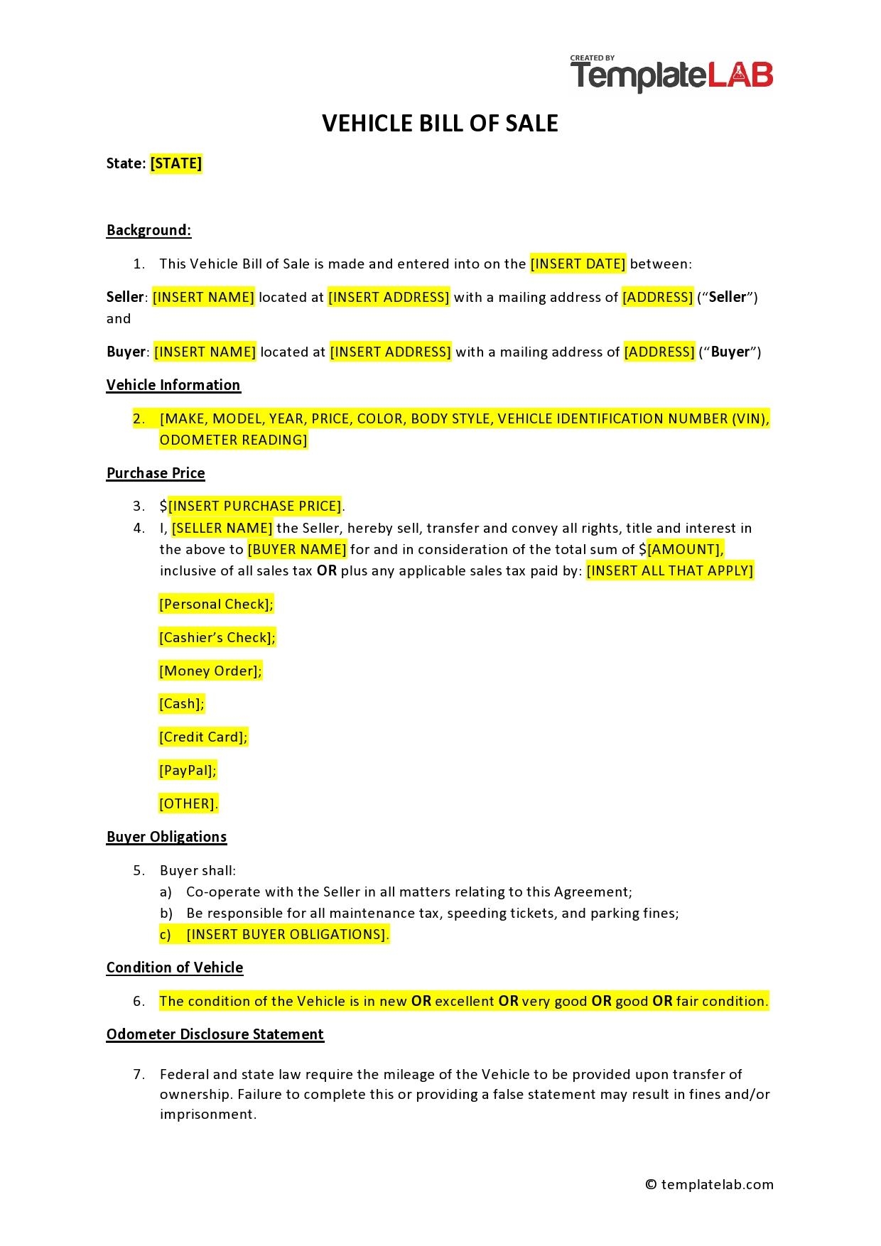 40 Printable Bill Of Sale For A Car Samples Word PDF 