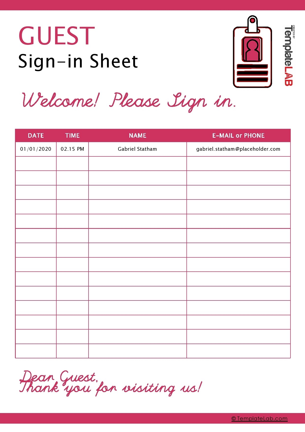 Printable Sign In Sheet Template