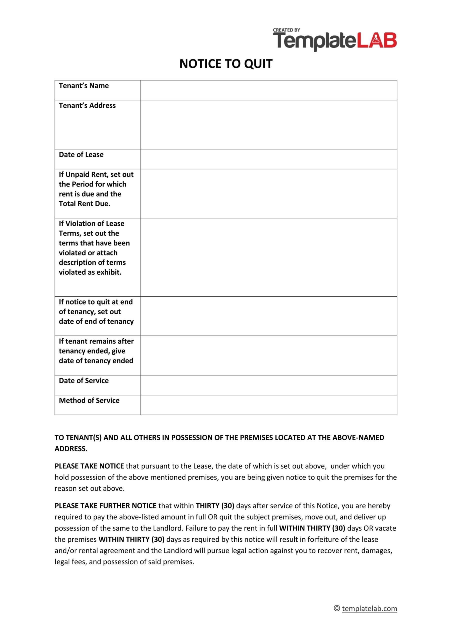 Printable 30 Day Notice To Landlord Template