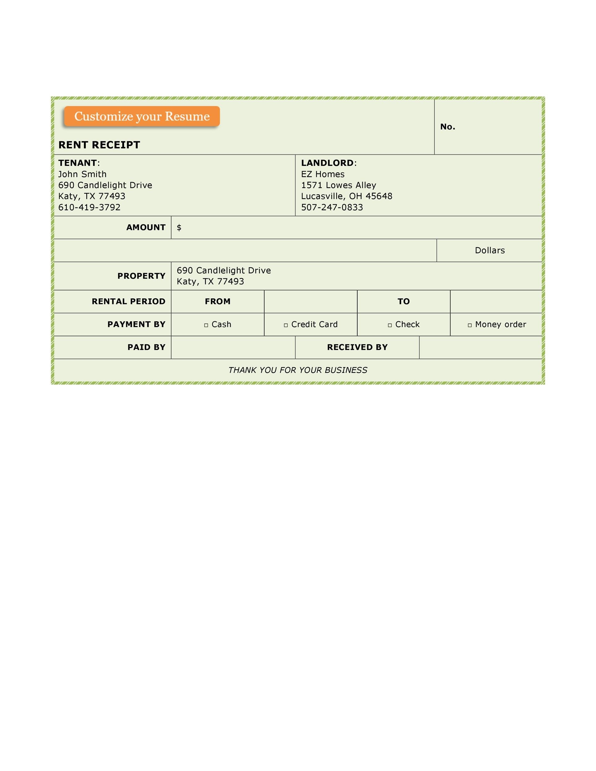 Printable Pdf Rent Receipt Template