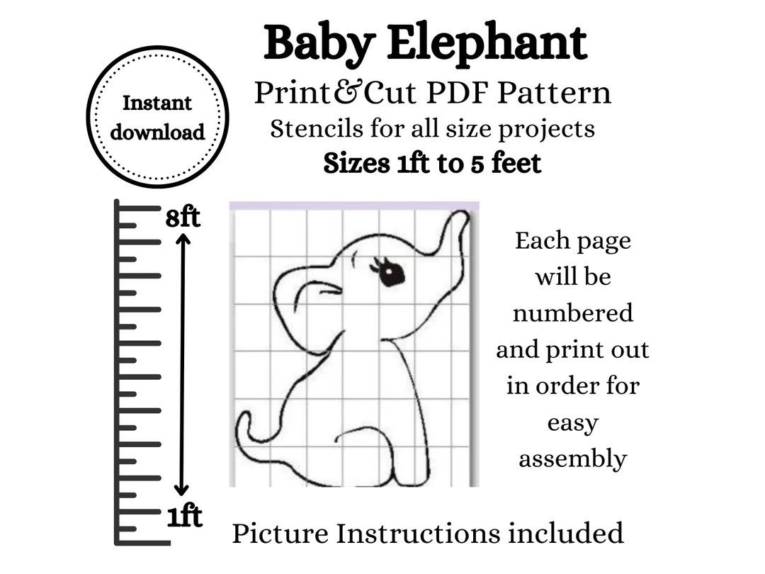 4ft 5ft Baby Elephant Looking Up Silhouette Template Printable Template Crafters Foam Board Project Diy Cardstock Dix Box Template Etsy