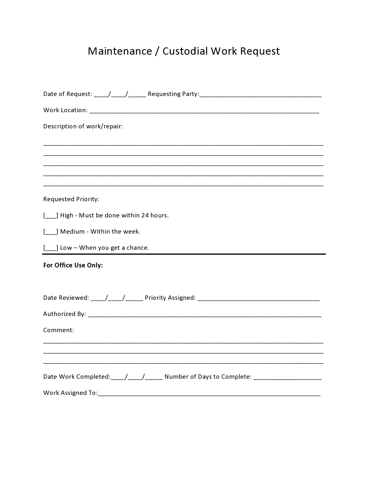 Printable Maintenance Work Order Template