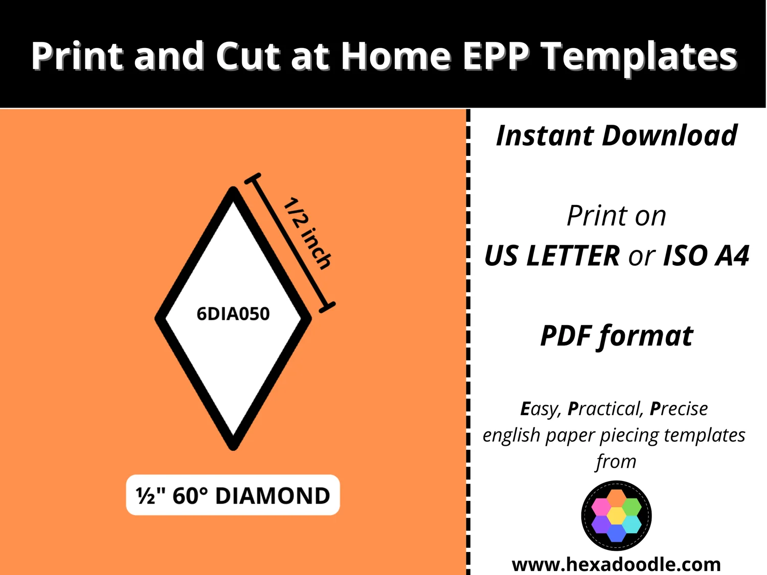 6DIA050 60 DEGREE DIAMOND EPP Print And Cut At Home Templates Inch Sides For Printing And Cutting Out At Home 204 Diamonds Per Page 