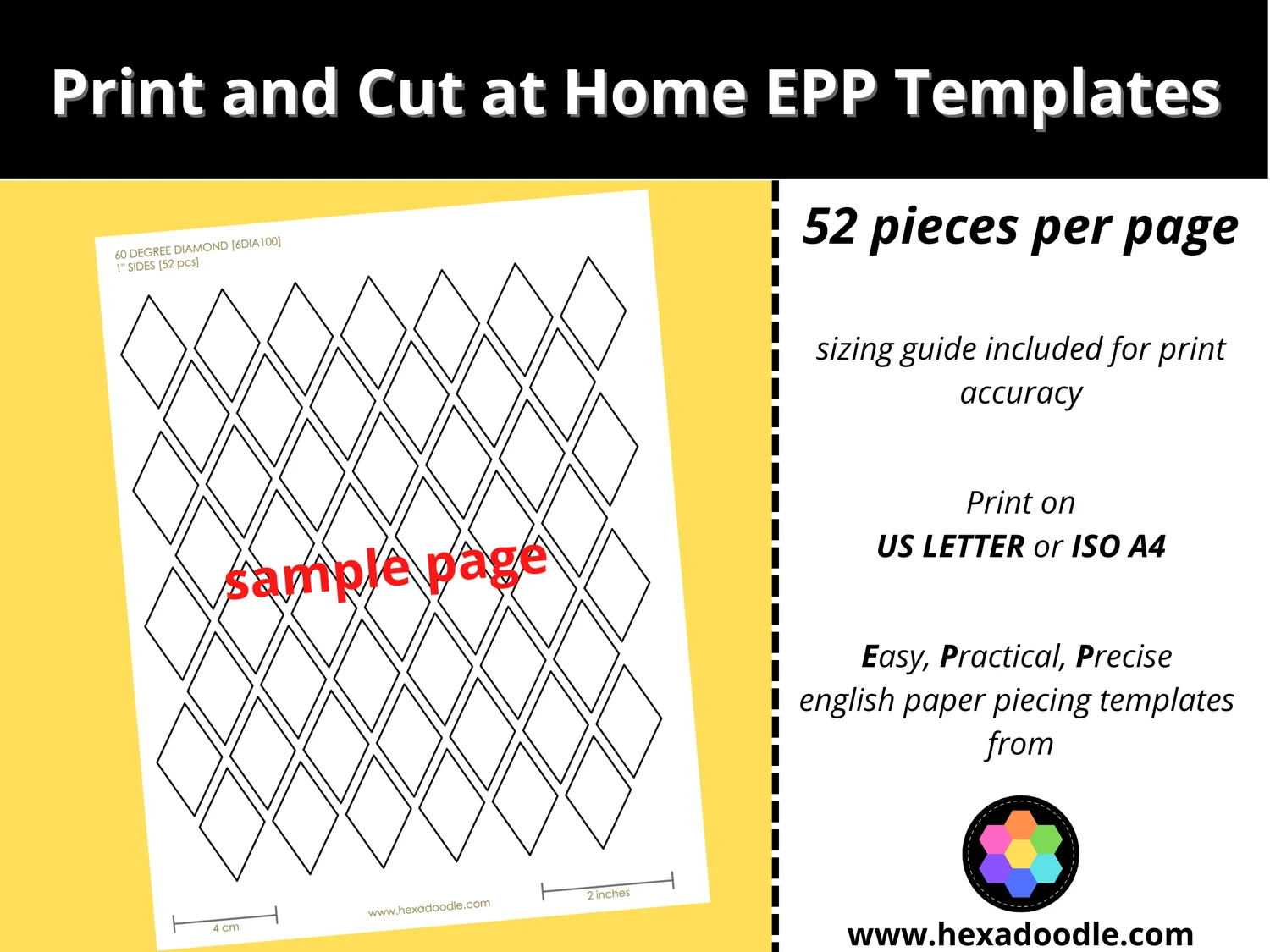 6DIA100 60 DEGREE DIAMOND EPP Print And Cut At Home Templates 1 Inch Sides For Printing And Cutting Out At Home 52 Diamonds Per Page 