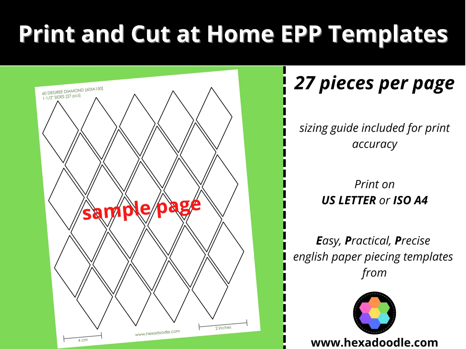 6DIA150 60 DEGREE DIAMOND EPP Print And Cut At Home Templates 1 Inch Sides For Printing And Cutting Out At Home 27 Diamonds Per Page 