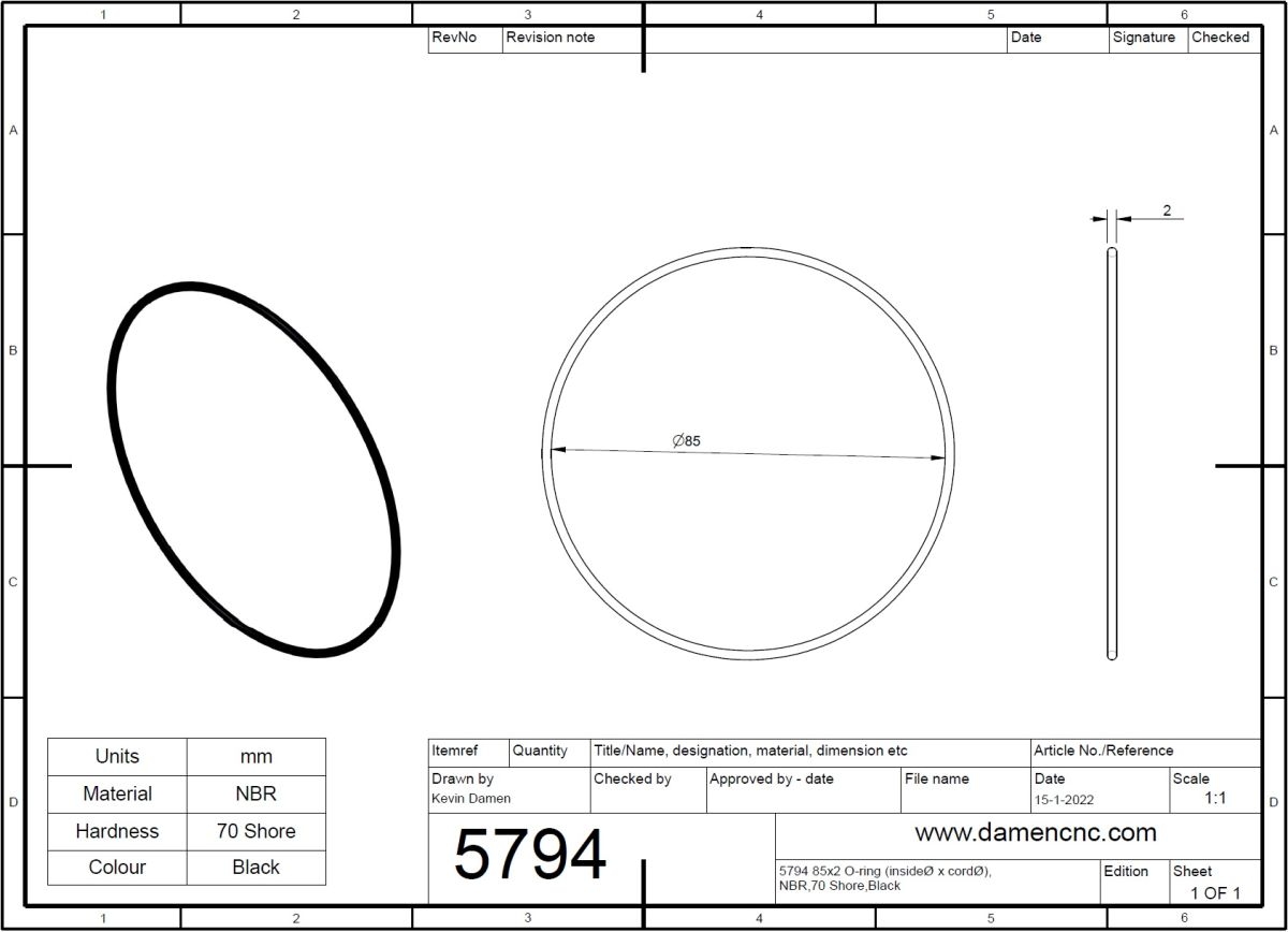 85x2 O ring inside X Cord NBR 70 Shore Black DamenCNC B V 