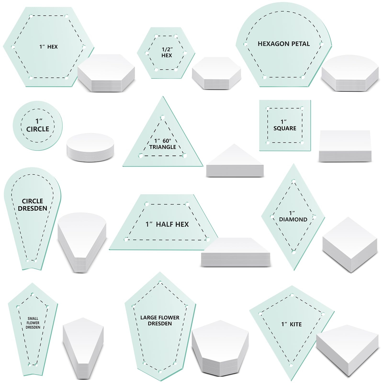 Amazon Cinnvoice 612 Pcs Patchwork Paper Piecing Supplies 12 Shapes Acrylic Patchwork Templates Set With 600 Pcs Paper Piecing For Sewing Dresden Plate Triangle Hexagon Quilting Template Light Green Arts Crafts Sewing