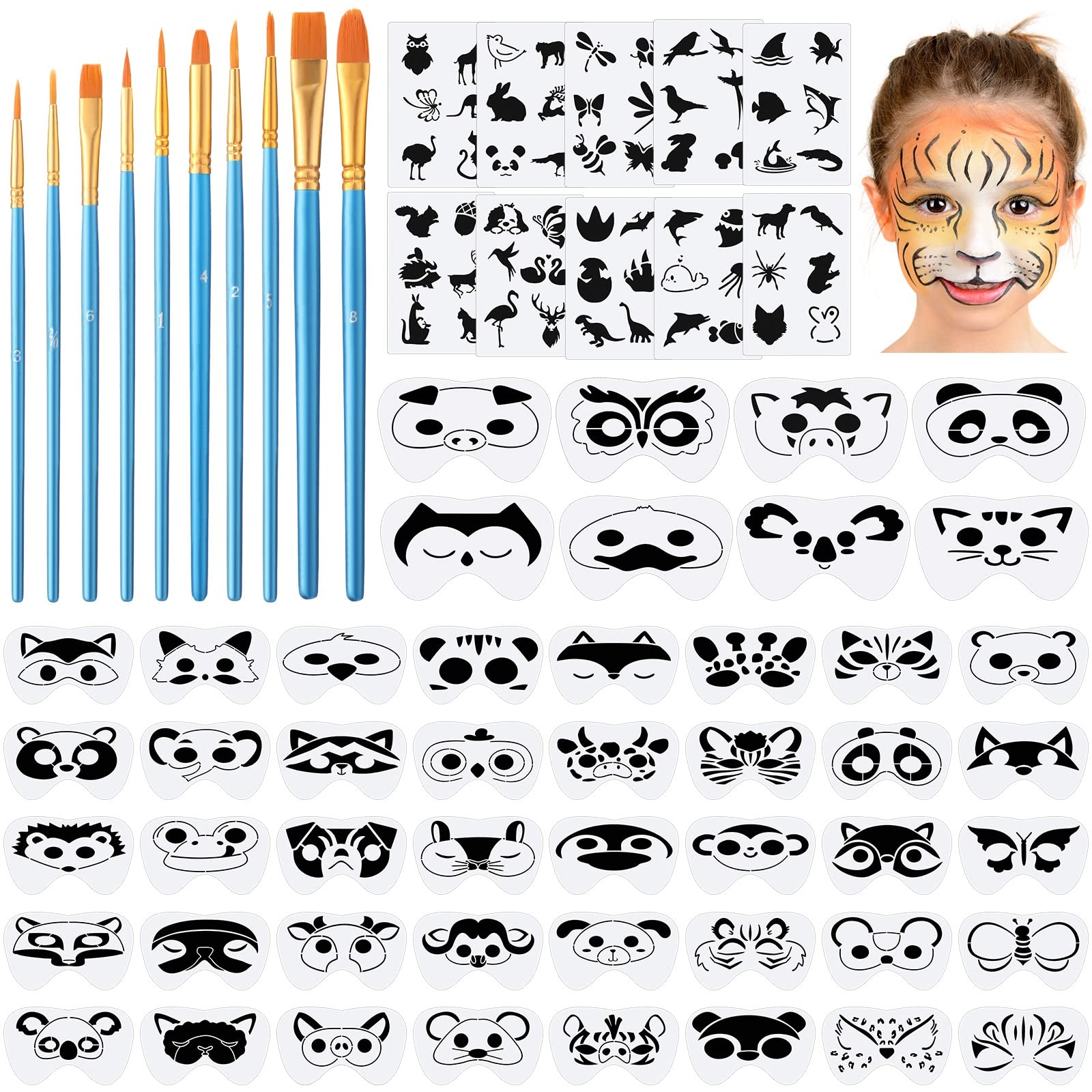 Amazon Fainne 68 Pcs Face Paint Stencils Kit 48 Face Painting Stencils 10 Stickers And 10 Painting Brushes Halloween Mask Stencils Reusable Makeup Templates For DIY Drawing Art Animal Style Arts Crafts Sewing