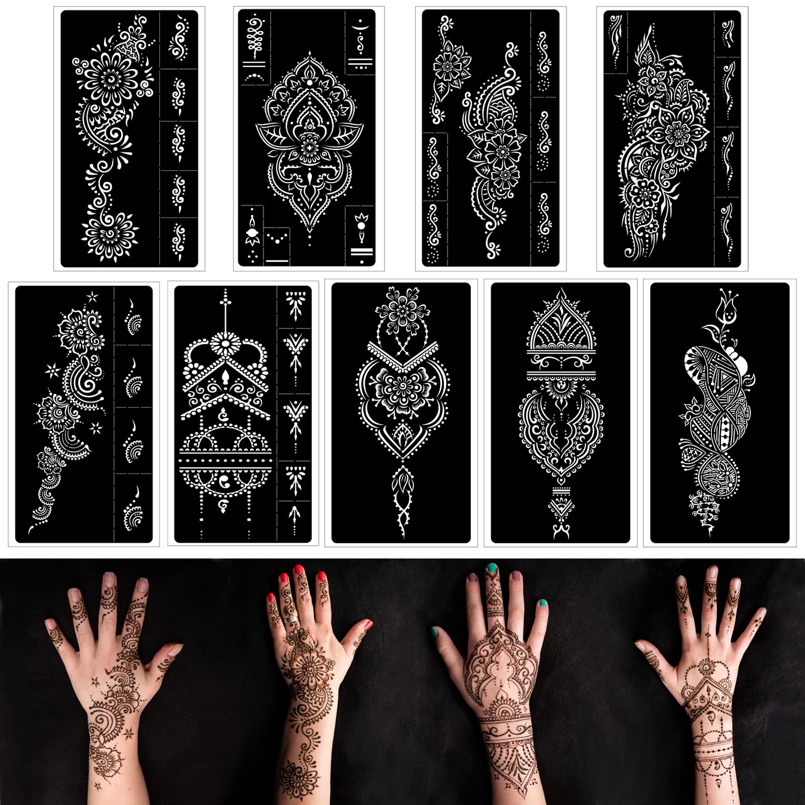 Amazon Henna Tattoo Stencils Kit Reusable Henna Stencils For Hand Forearm Glitter Airbrush DIY Tattooing Template Indian Temporary Tattoo Stickers For Women Girls 8 2 X 4 7 Beauty Personal Care