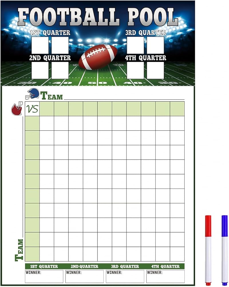 Amazon Large Football Pool Poster 16 2 X 23 6 Inch Squares 100 Grids Score Record Poster Football Party Supplies Super Bowl Party Decorations 2025 Field Sports Outdoors