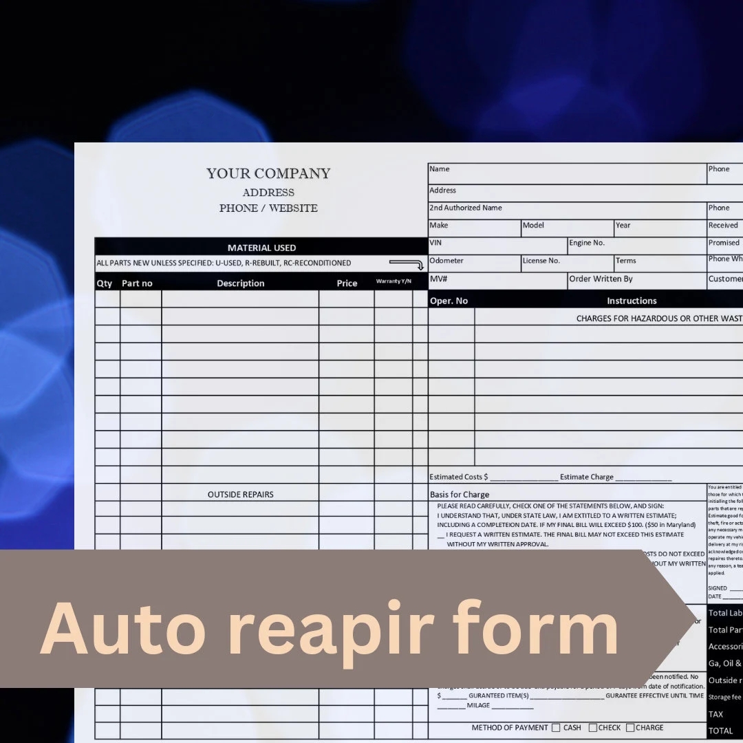 Printable Auto Repair Work Order Template Printable Auto Repair Work Order Template