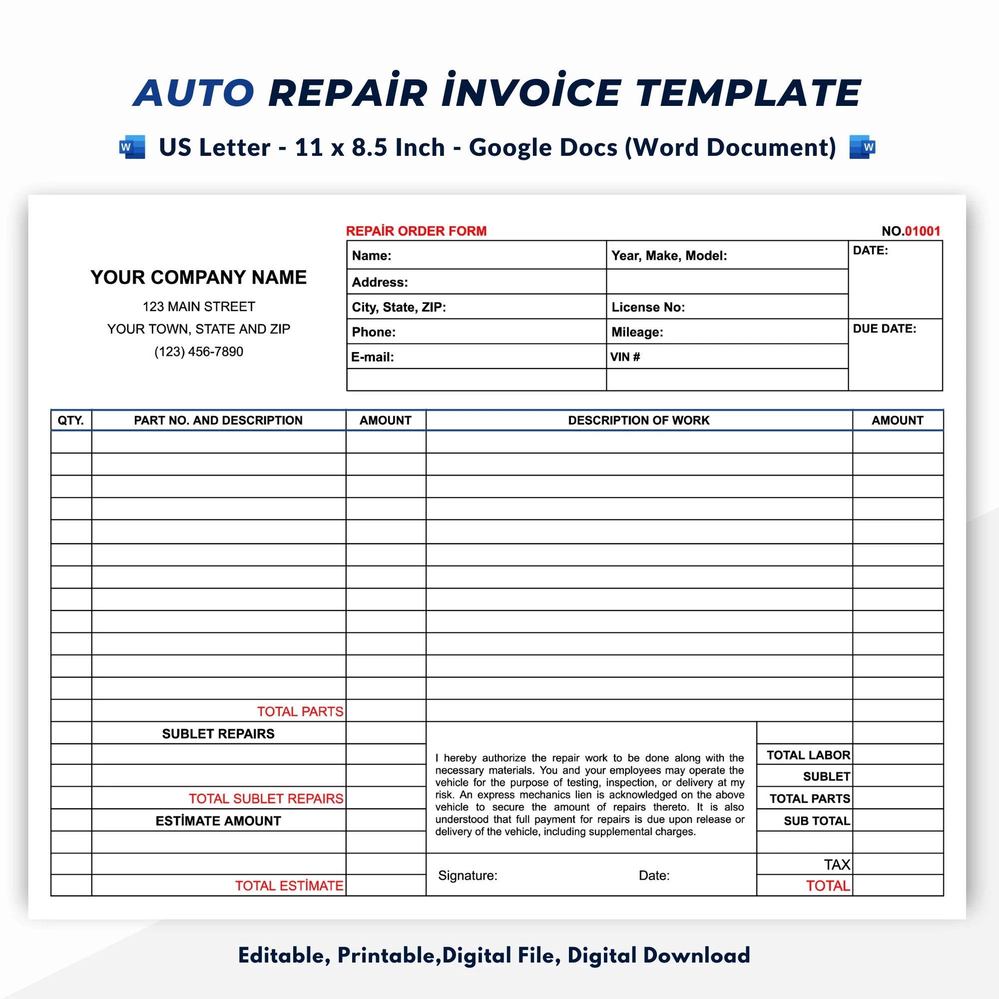 Auto Repair Order Template Auto Service Invoice Form Etsy Auto Repair Order Template Auto Service Invoice Form Etsy