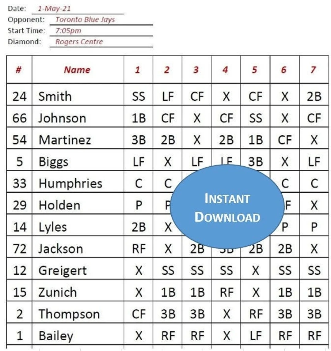 Baseball Lineup Template Printable
