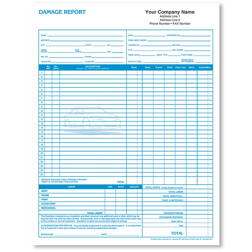 Basic Auto Repair Estimate Forms Damage Report 2 Part 2 Color
