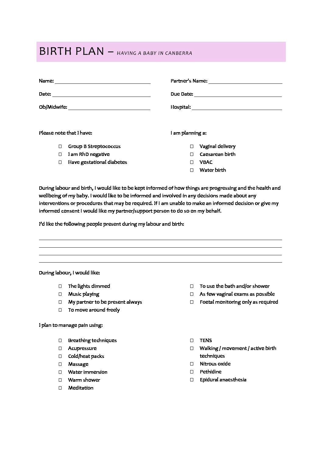 Printable Birth Plan Template Free