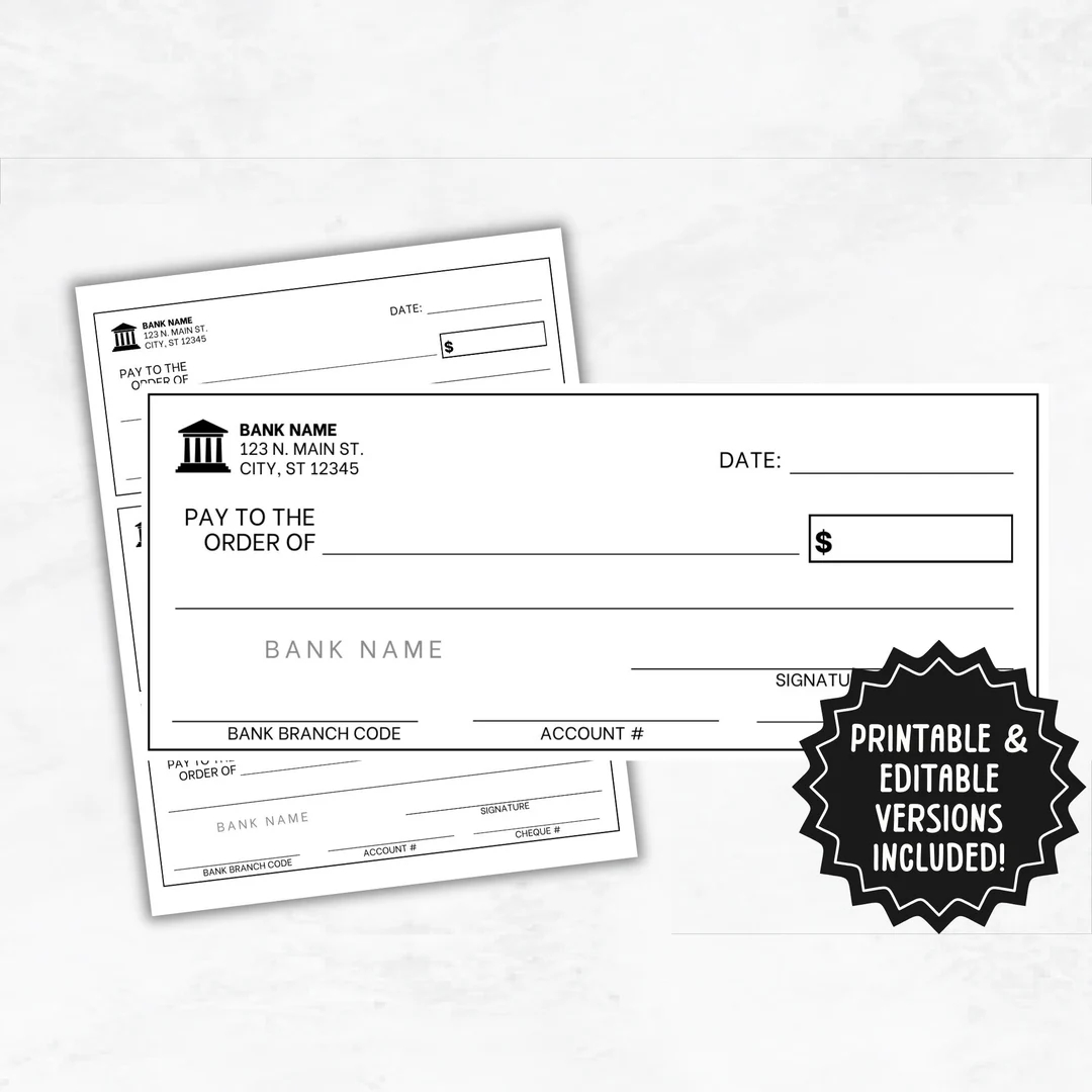 Blank Checks Template Editable Blank Cheque Printable Blank Checks Etsy