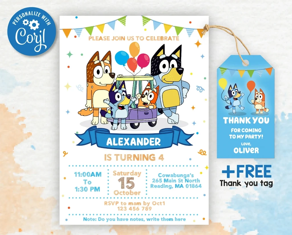 Bluey Birthday Party Invitation Free Thank You Tag Editable Printable Instant Download Amazinginvite