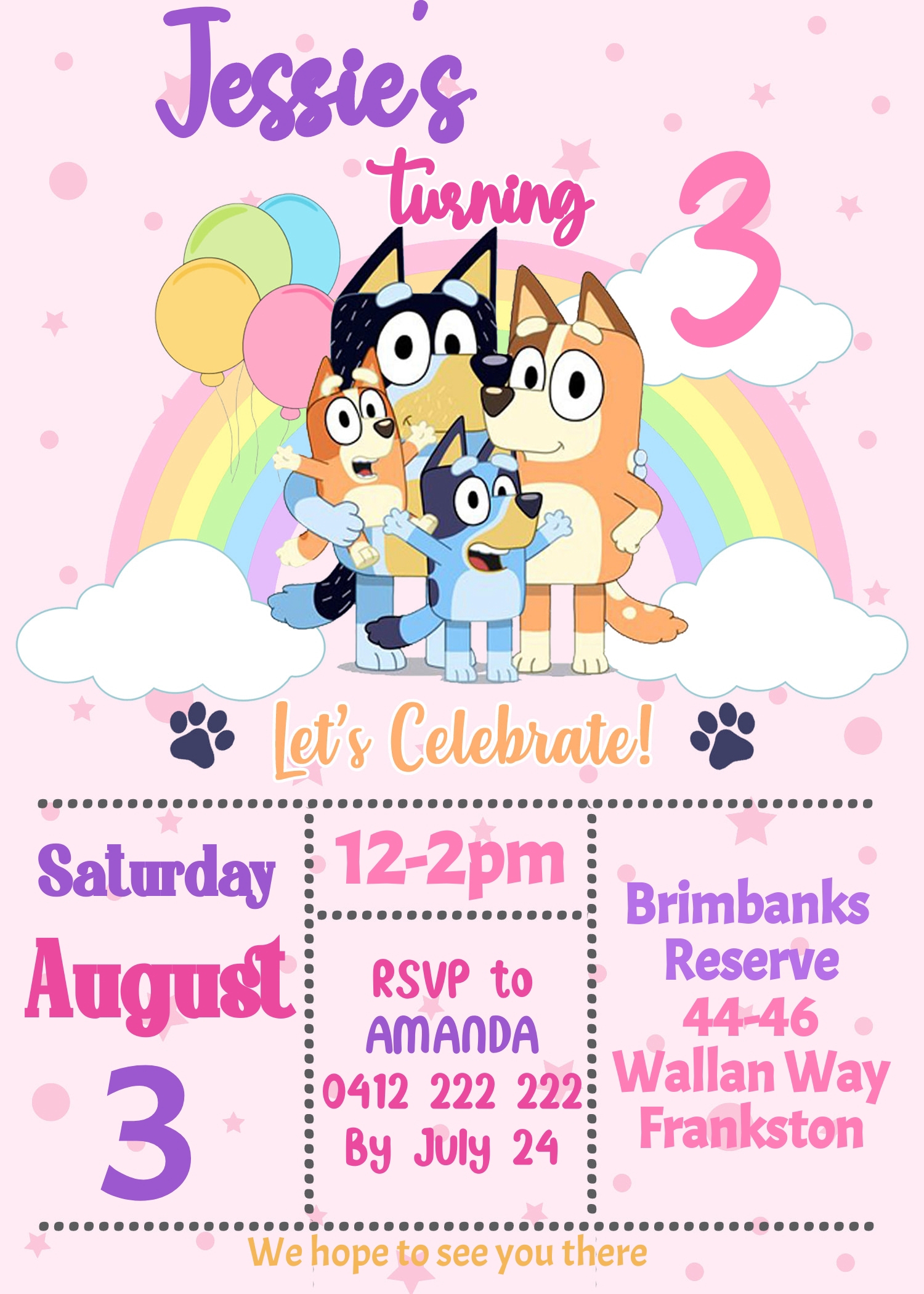 Bluey Girl Pink Invite 2 Invitation Download Itty Bitty Cake Toppers
