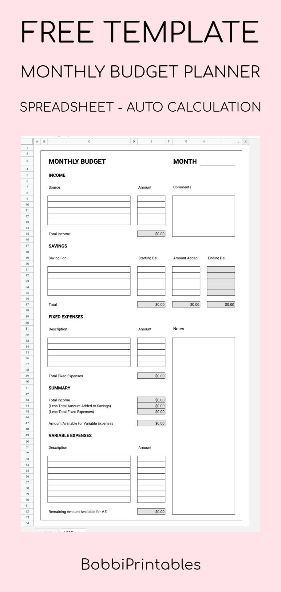 BobbiPrintables Free Monthly Budget Planner Spreadsheet Template 