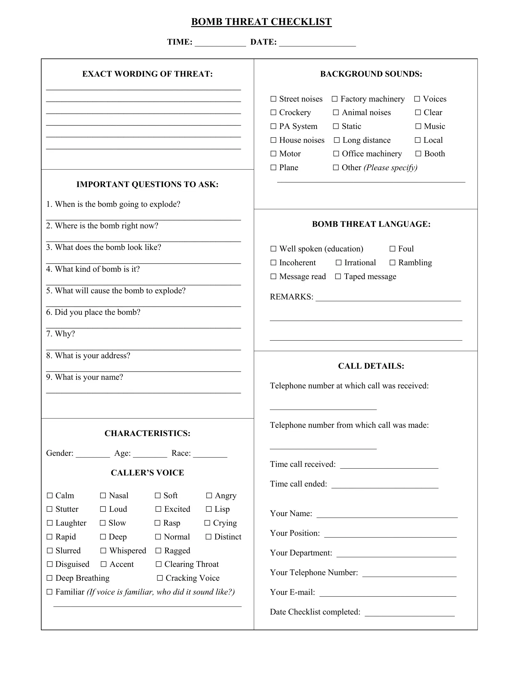 Bomb Threat Checklist Form Fill Out Printable PDF Forms Online