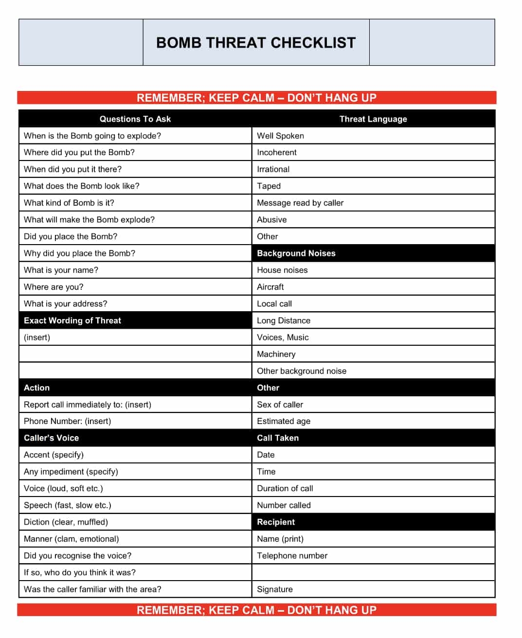 Bomb Threat Construction Checklist Construction Files