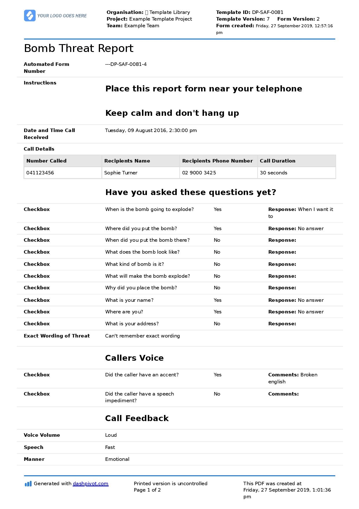 Bomb Threat Report Form Free And Editable Template 