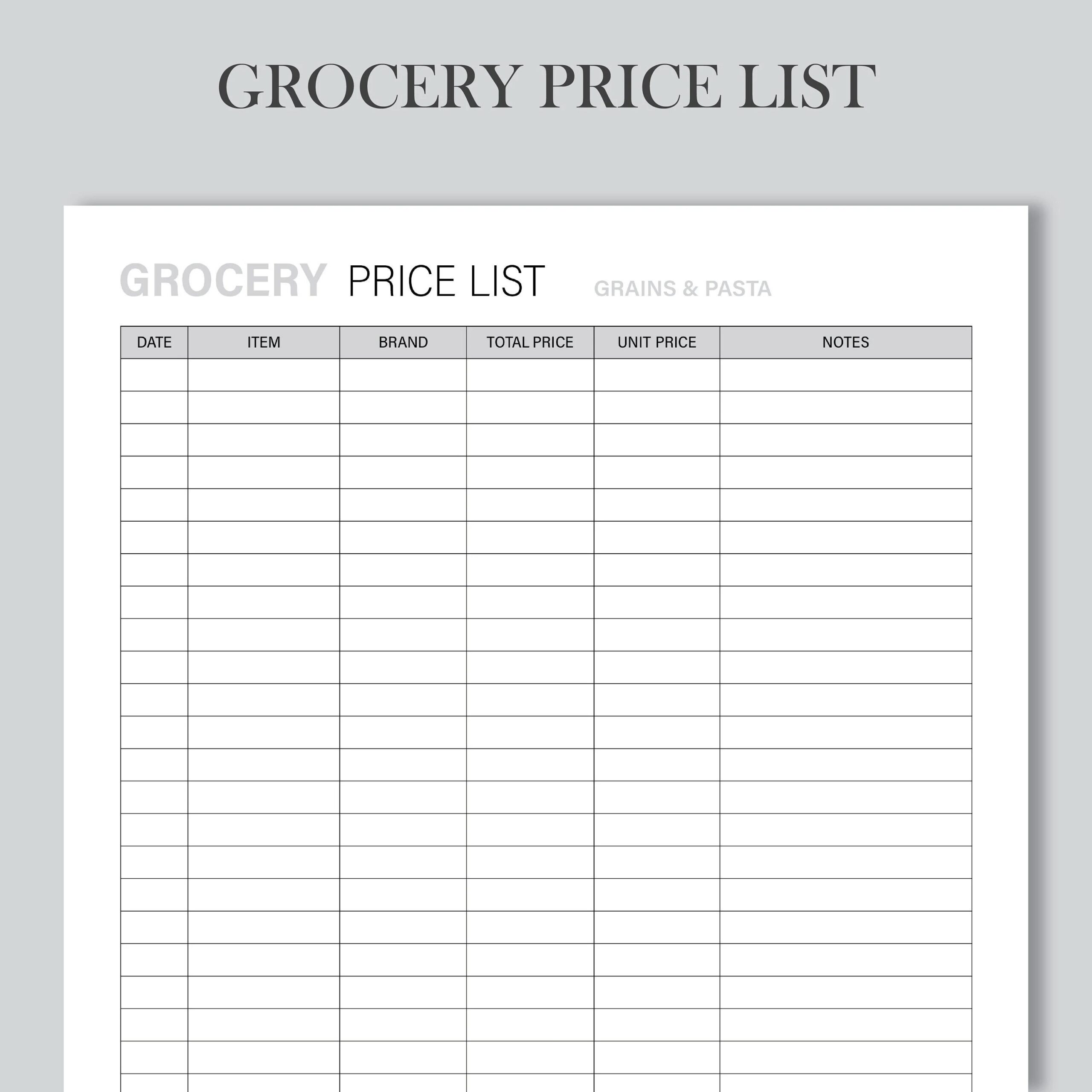 Printable Blank Price List Template