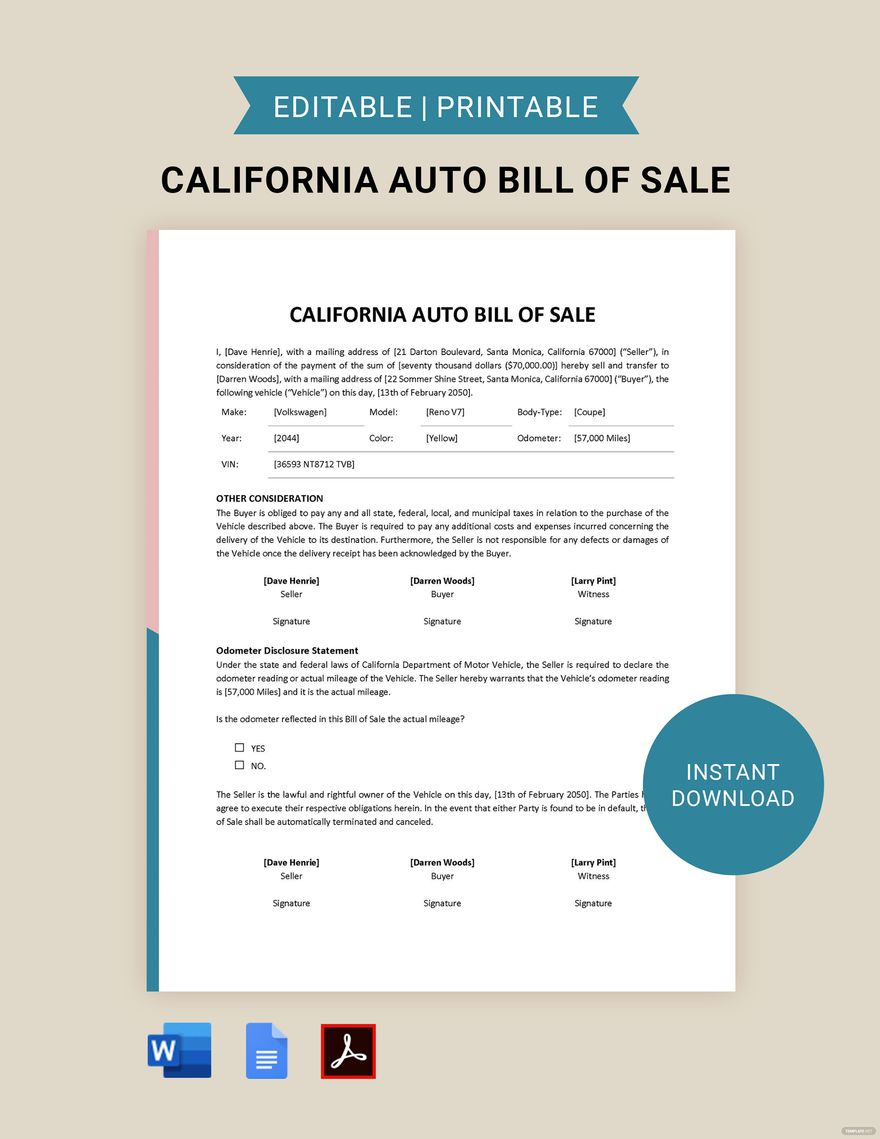 California Auto Bill Of Sale Template In PDF Word Google Docs Download Template