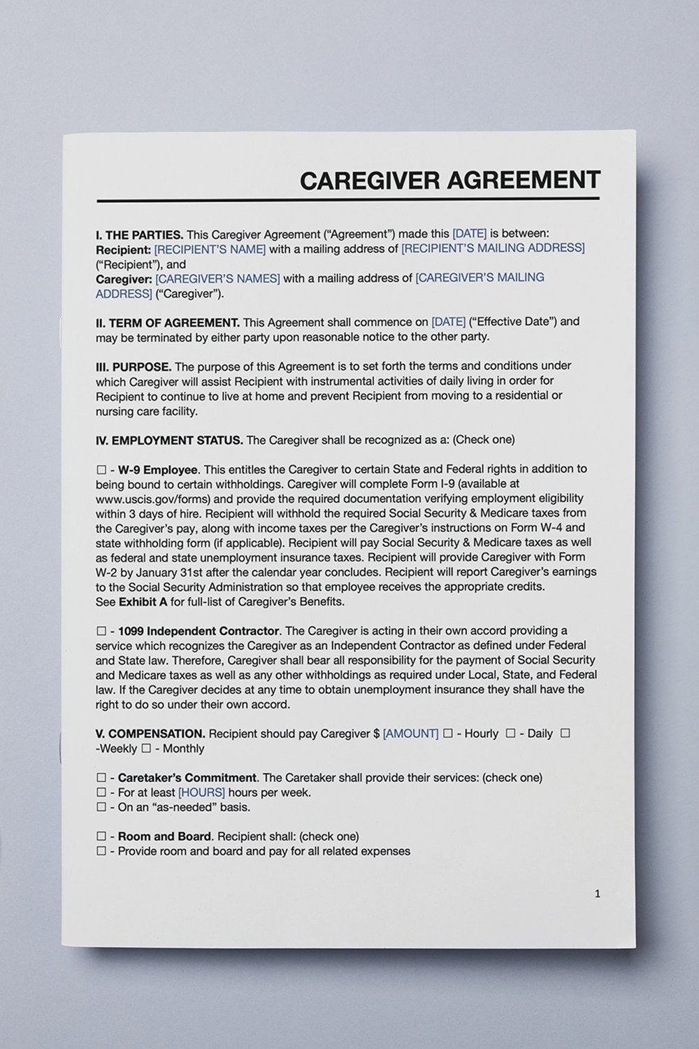 Caregiver Agreement Doc Simple Template MS Word Editable