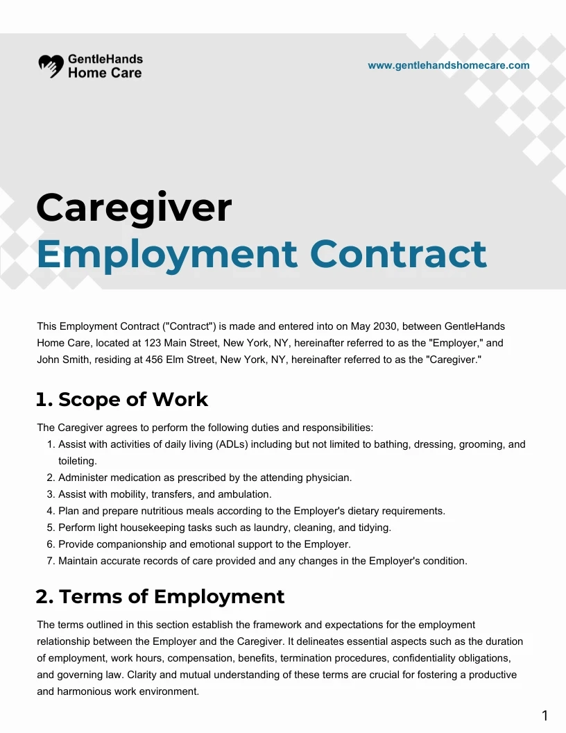 Printable Caregiver Contract Template