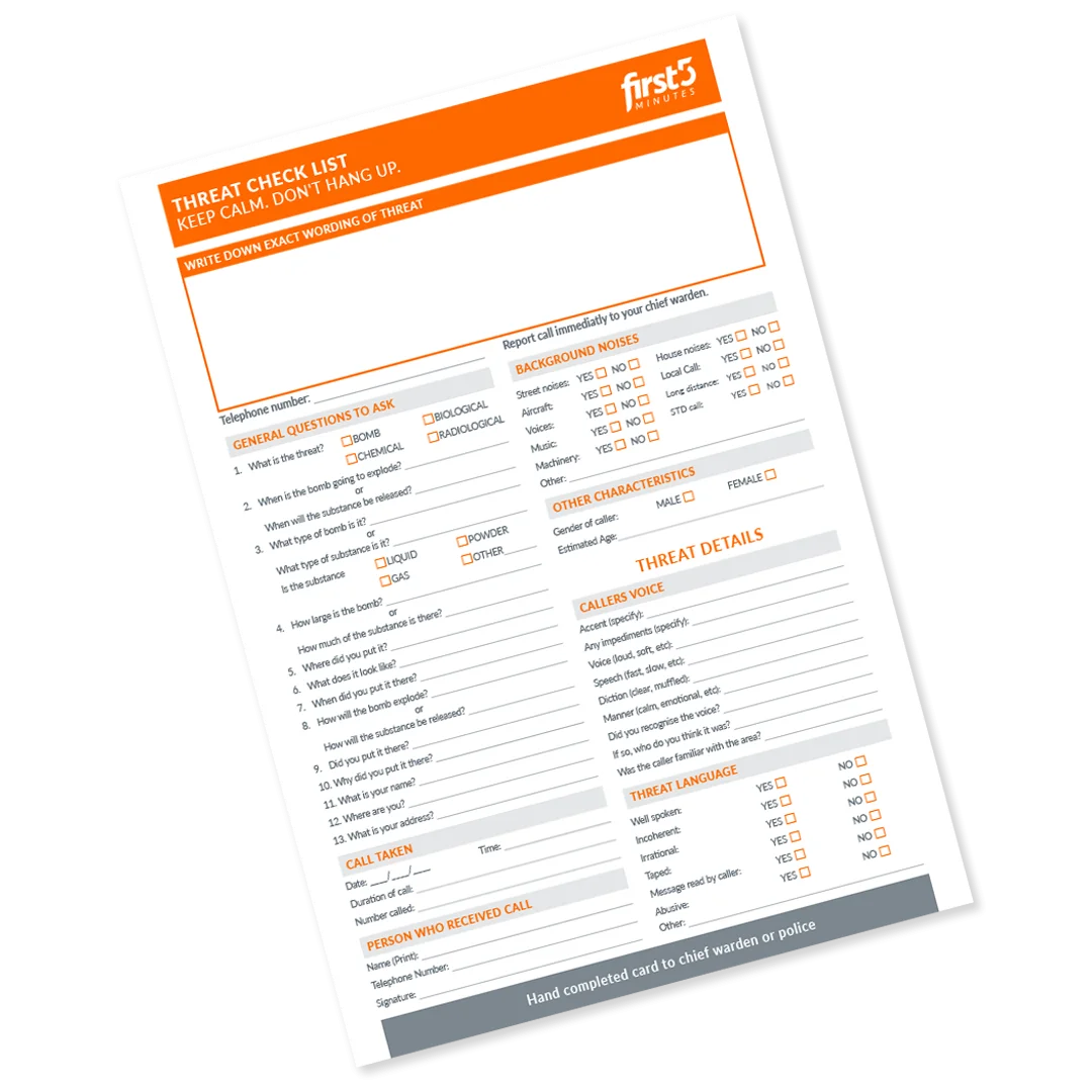 Checklist Bomb Threat Checklist First 5 Minutes