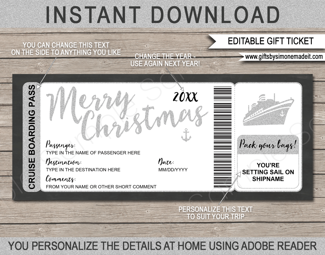 Christmas Cruise Boarding Pass Template Printable Cruise Ticket Gift