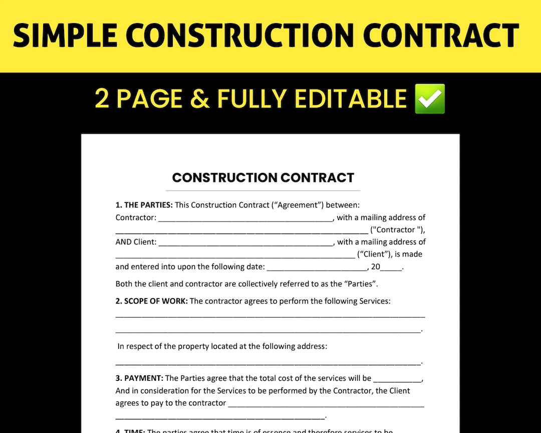 Construction Contract Agreement Template Printable PDF Editable And Fillable Microsoft Word And Google Docs Etsy