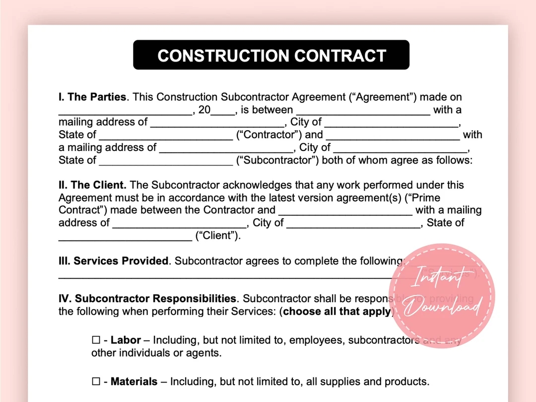 Printable Construction Contract Template